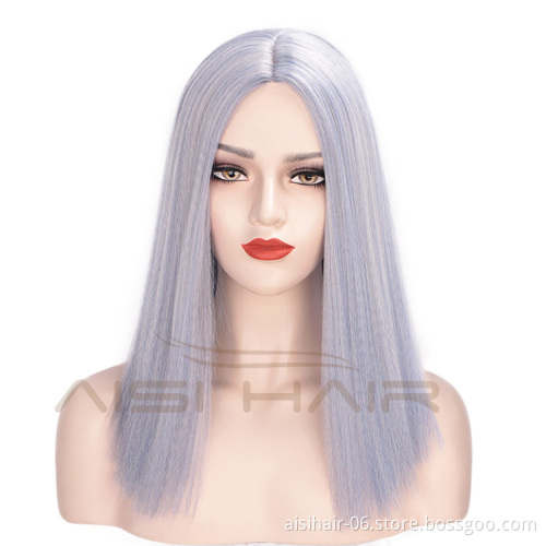 Aisi Hair Short Bob Middle Part Machine Made Wigs Yaki Grey Color Synthetic Short Cosplay Wigs for American Africans